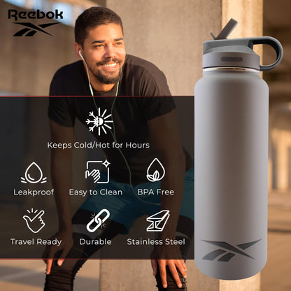 Reebok Athletic Stainless Steel Sports Water Bottle With Straw – 32 oz