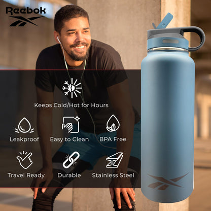 Reebok Athletic Stainless Steel Sports Water Bottle With Straw – 32 oz