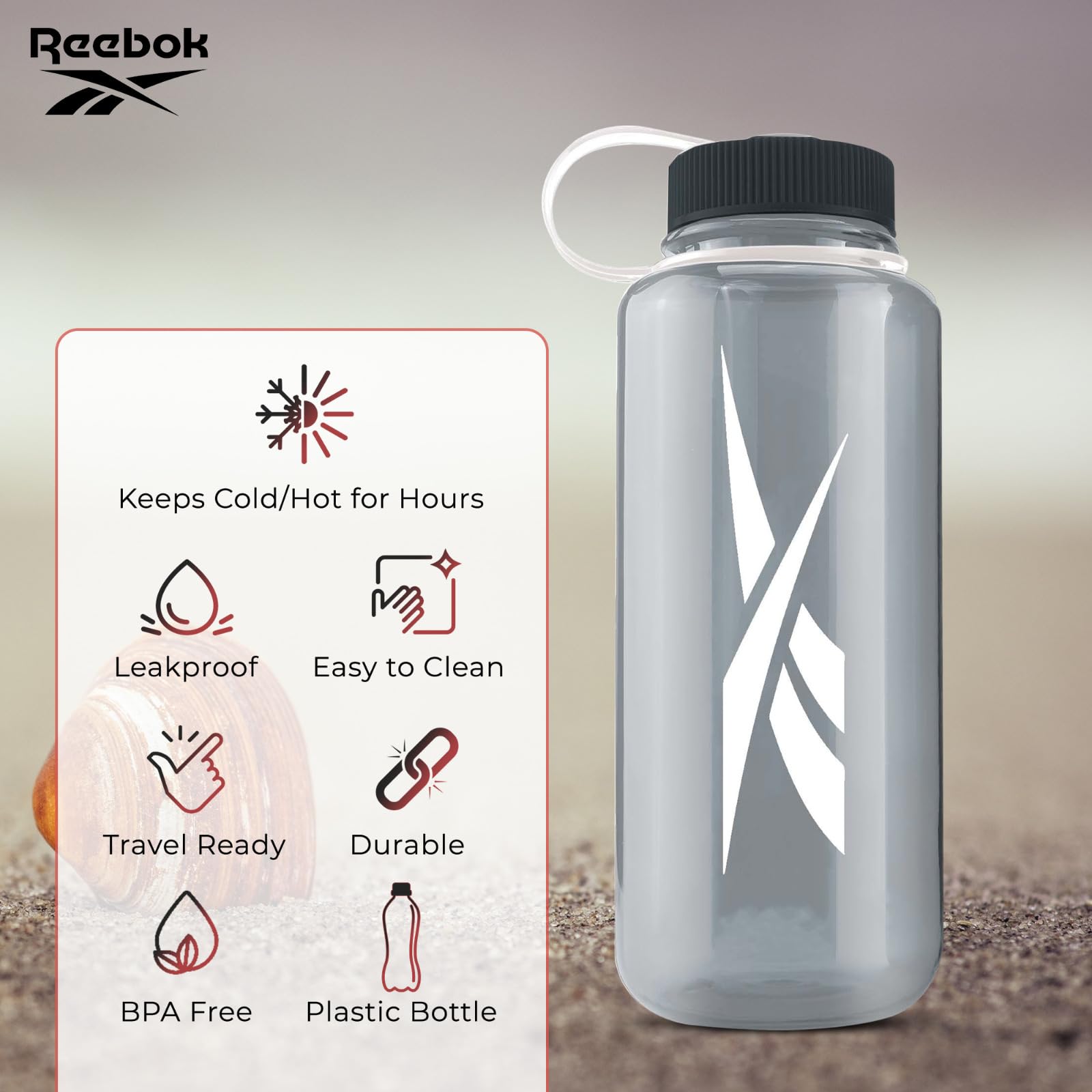 Reebok Screw Top Water Bottles with Athletic Design - Water Bottle 32 oz - Sports Water Bottle - Reusable Water Bottle for Gym, Running, Hiking Etc