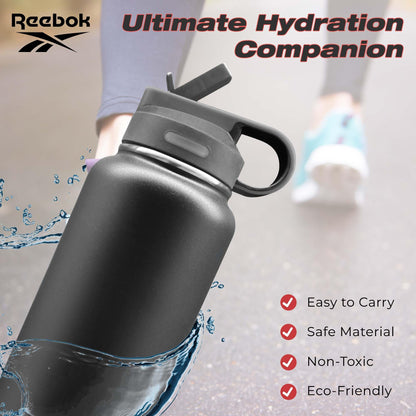 Reebok Athletic Stainless Steel Sports Water Bottle With Straw – 32 oz